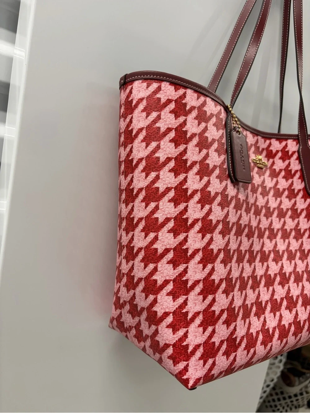 Coach Pink & Red Houndstooth City Tote